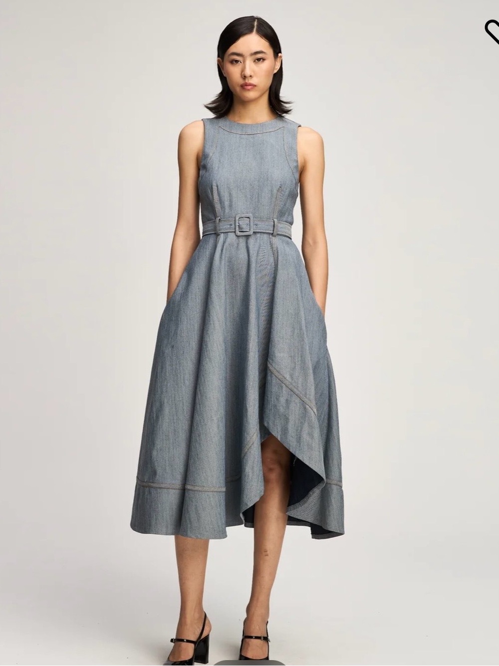 cinq a sept Zelda Denim Light Indigo Sleeveless Belted Midi Dress